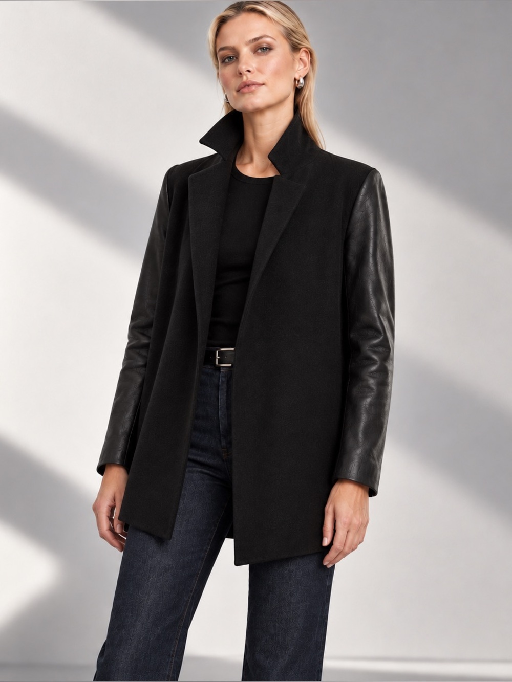 Theory Clairene Wool Cashmere Lambskin Leather Sleeve Jacket Black S